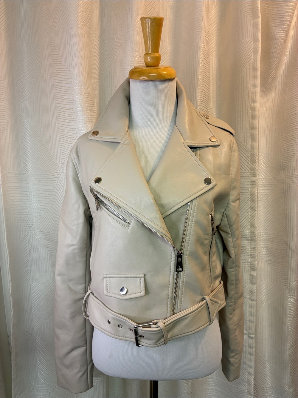 Elodie Cream Faux Leather Moto Jacket with Belt